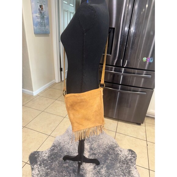 Vintage Tan Suede Leather Hippie Boho Coastal Cowgirl Fringe Crossbody Bag Rivet - Picture 2 of 11